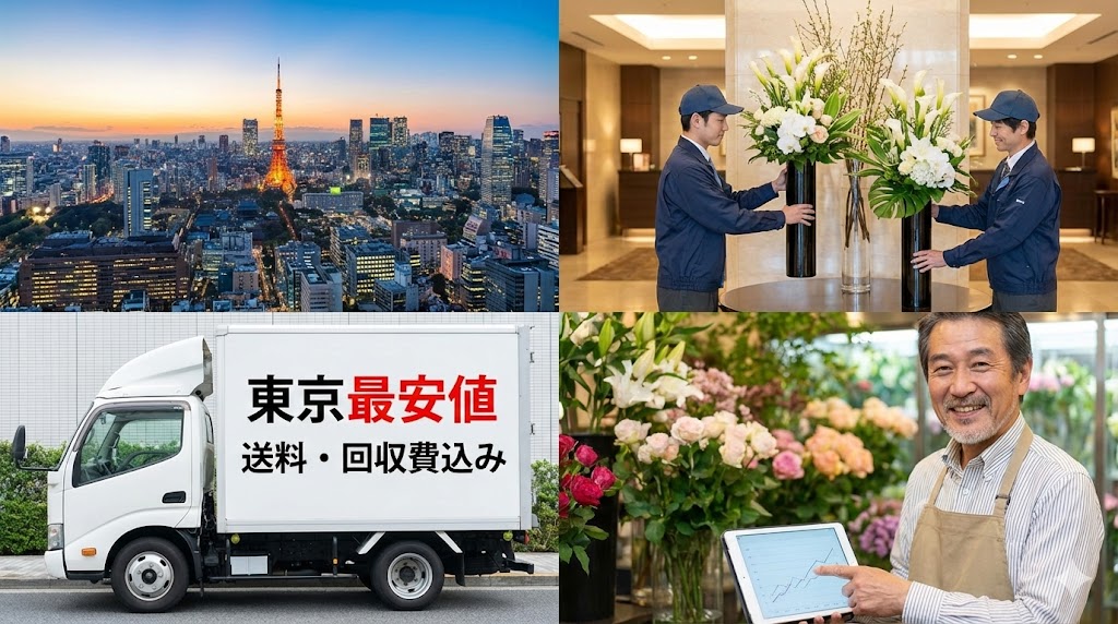 東京最安値のスタンド花配送イメージ。送料・回収費込みでプロのスタッフが設置・撤収まで行う様子
