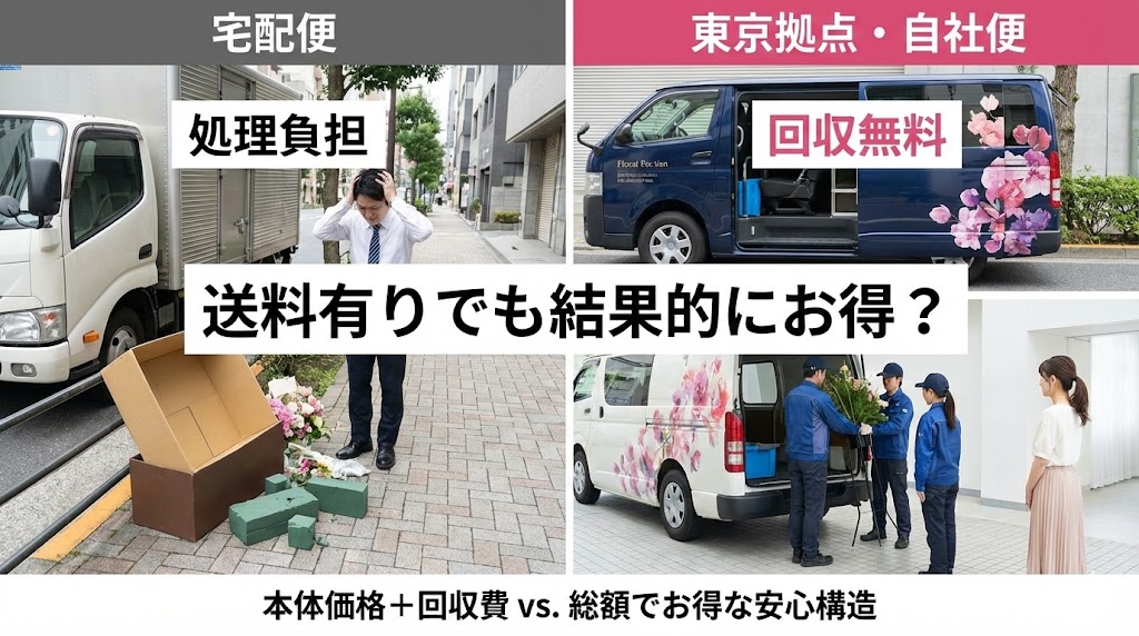東京最安値のスタンド花配送イメージ。送料・回収費込みでプロのスタッフが設置・撤収まで行う様子