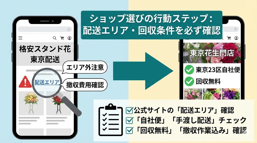 東京のスタンド花ショップ選びの行動ステップ。スマホで配送エリアと回収無料条件を確認し、優良店を見極める手順の図解