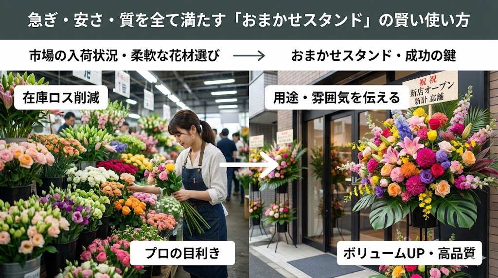 東京のスタンド花を安く豪華にする「おまかせ注文」の仕組み図解。市場からの直送とプロの目利きにより、在庫ロスをボリュームに還元する成功ルート