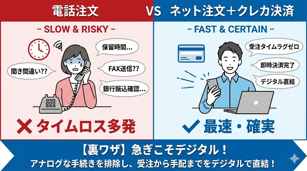 急ぎのスタンド花注文で電話が遅い理由と、ネット注文+クレカ決済が最速である理由の比較図解。アナログなタイムロスを排除し、デジタル直結で即手配するメリット