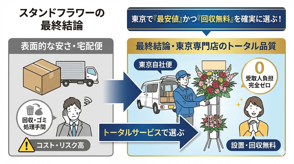 東京のスタンド花で最安値と回収無料を確実に選ぶための最終結論図解。表面的な安さだけの宅配便はゴミ処理の手間やリスクが高い一方、東京専門店の自社便なら設置・回収が無料で受取人の負担がゼロになることを示した比較