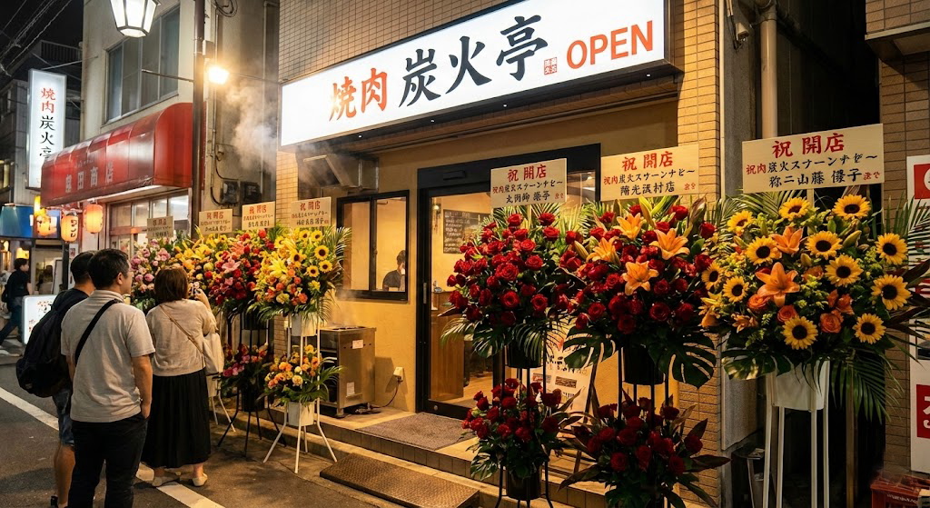 焼肉屋の開店祝いとして店頭に並んだスタンド花の画像