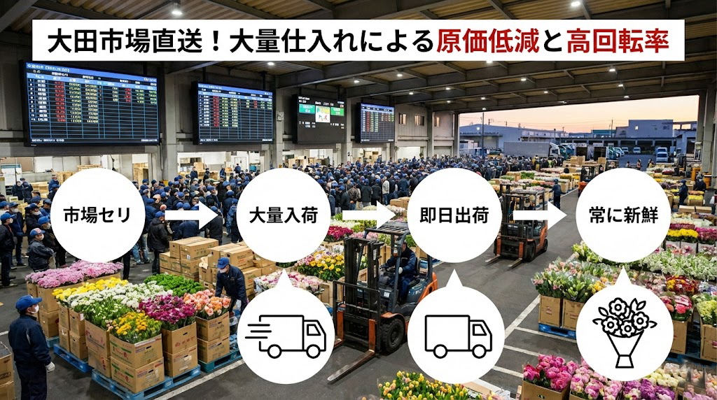 大田市場直送の仕組み図解｜大量仕入れ・即日出荷による原価低減と鮮度保持のサイクル