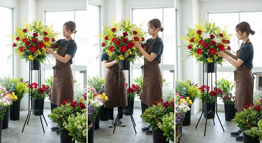 スタンド花（1段）の制作風景｜フローリストによる赤・白系の豪華なアレンジメント作成