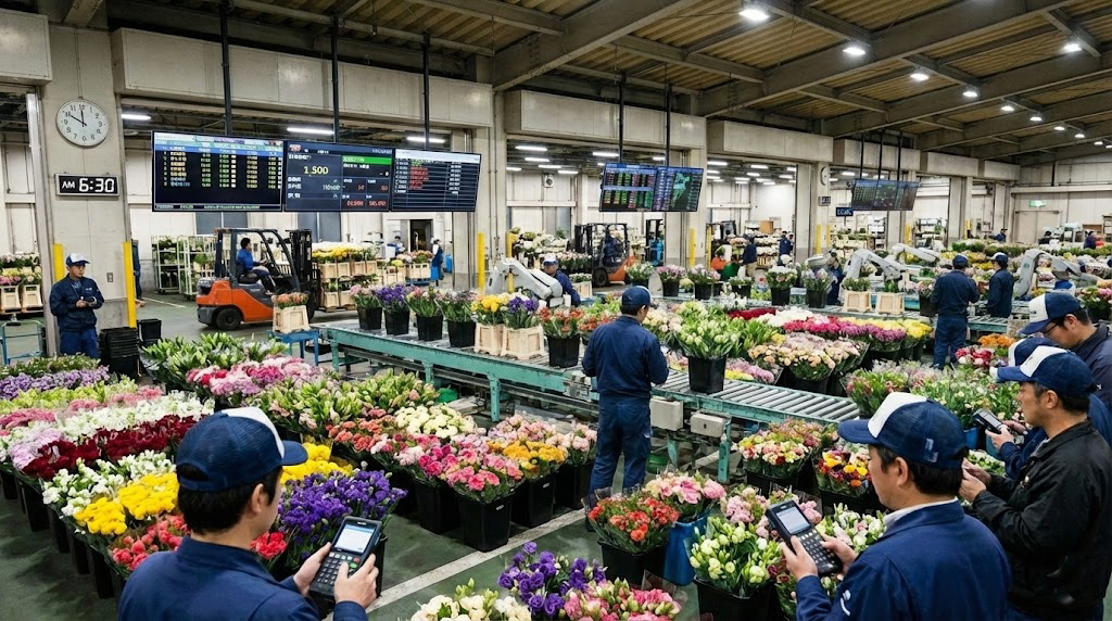 早朝の活気ある花き市場（例：大田市場）。ベルトコンベアで運ばれる大量の色とりどりの生花を、作業員たちがハンディターミナルを使って効率的に仕分け・管理している様子。電光掲示板にはセリ情報が表示されている。
