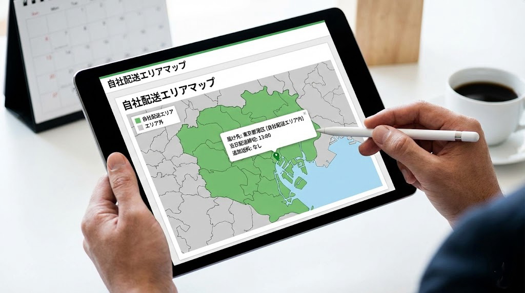 自社配送エリアマップの確認画面｜配送可能エリア、当日配送の締切時間、追加送料の有無をチェック