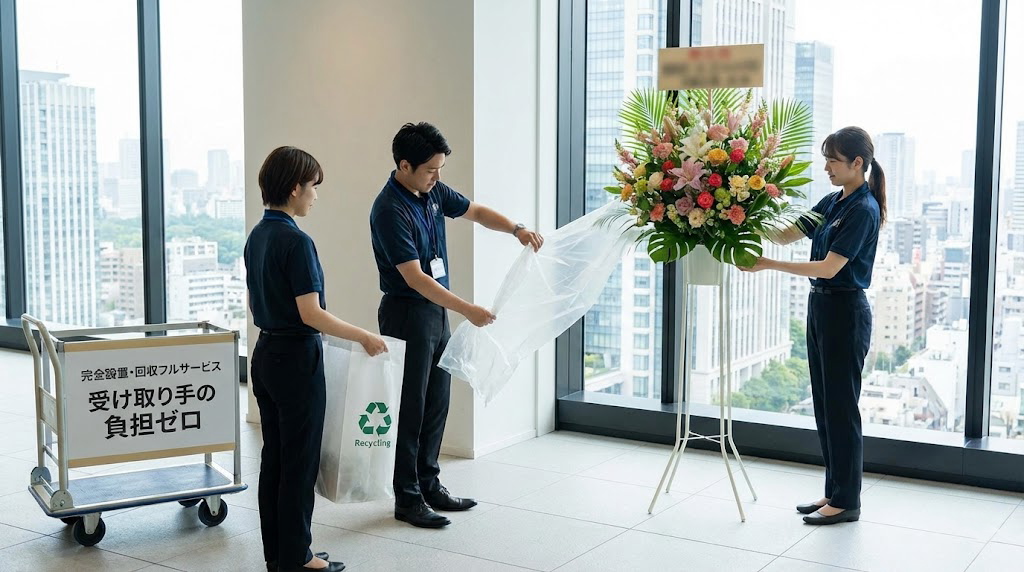 スタンド花の完全設置・回収フルサービス｜搬入・設置から梱包材（ゴミ）の持ち帰りまで、受取人の負担をゼロにするプロの作業風景