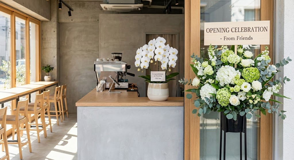 カフェ・オープン喫茶のオープン祝いに飾られたおしゃれな胡蝶蘭とスタンド花の画像