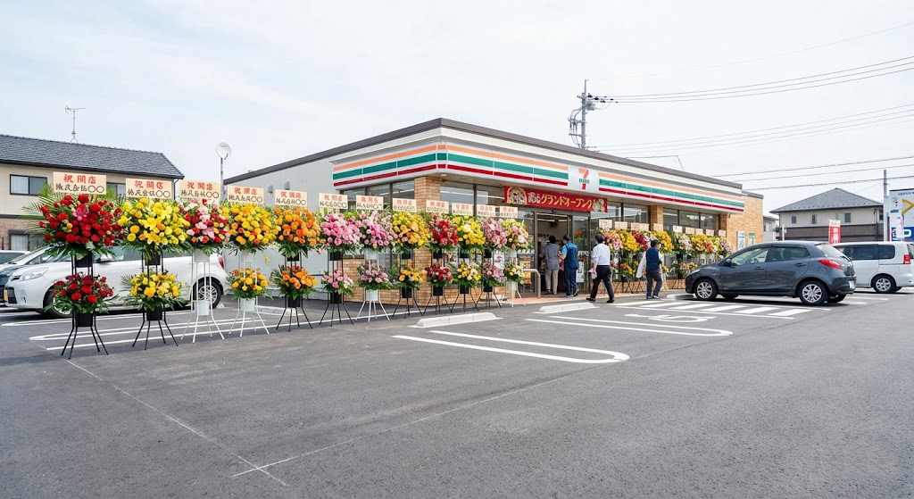 コンビニのオープン祝いとして店頭入り口の左右にたくさん並んだスタンド花の画像