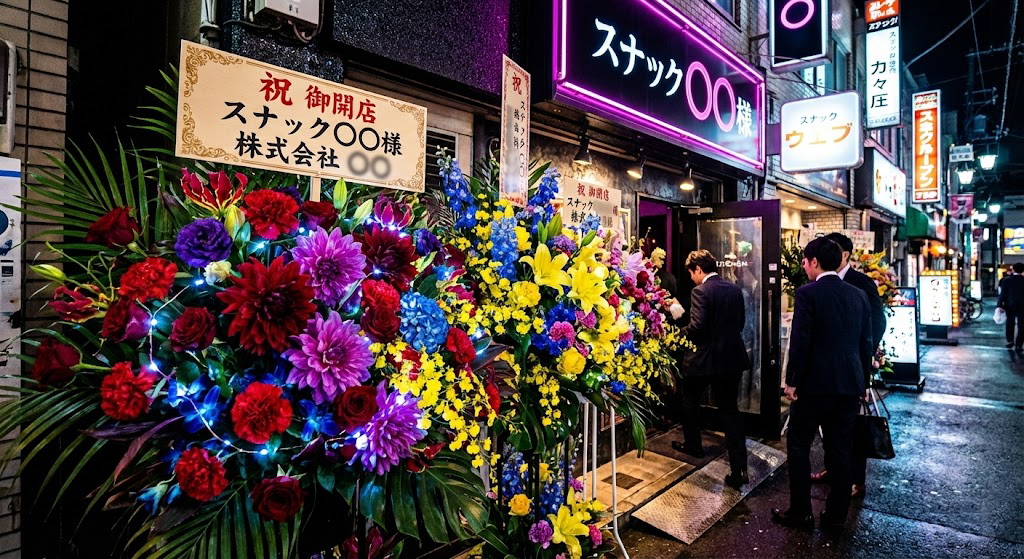 スナック・クラブの開店祝いに夜の店先に並べられた色鮮やかなスタンド花の画像