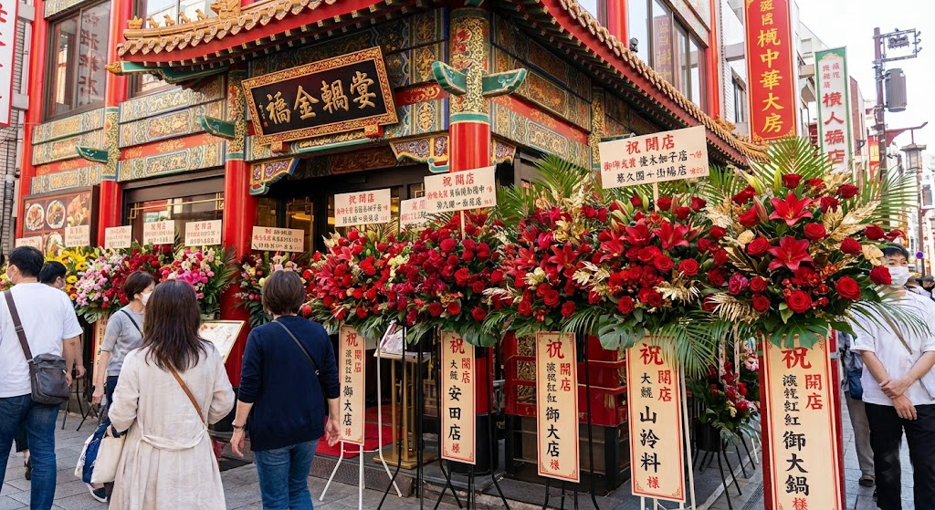 中華料理店の開店祝いの花として並んだ赤系のスタンド花
