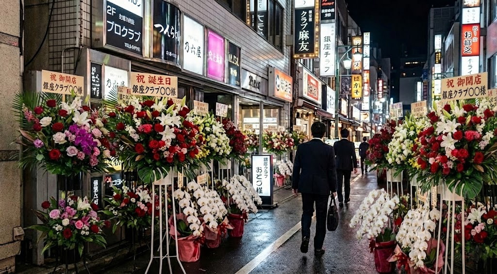 キャバクラに誕生日祝いの花として並んだ華やかなスタンド花