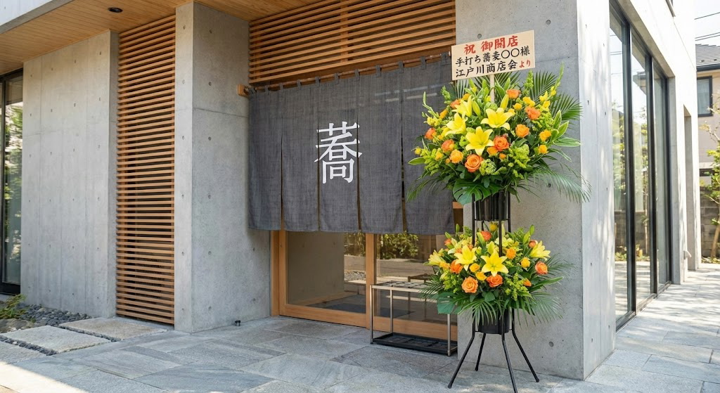 和風飲食店・蕎麦屋の開店祝いに飾られた黄色オレンジの開店祝いスタンド花