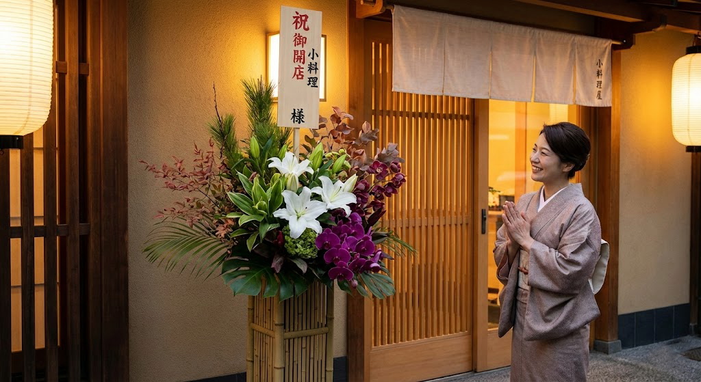 小料理屋の開店祝いに届いた、白と紫を基調とした和風のスタンド花。着物姿の女将さんが笑顔で喜んでいる様子。