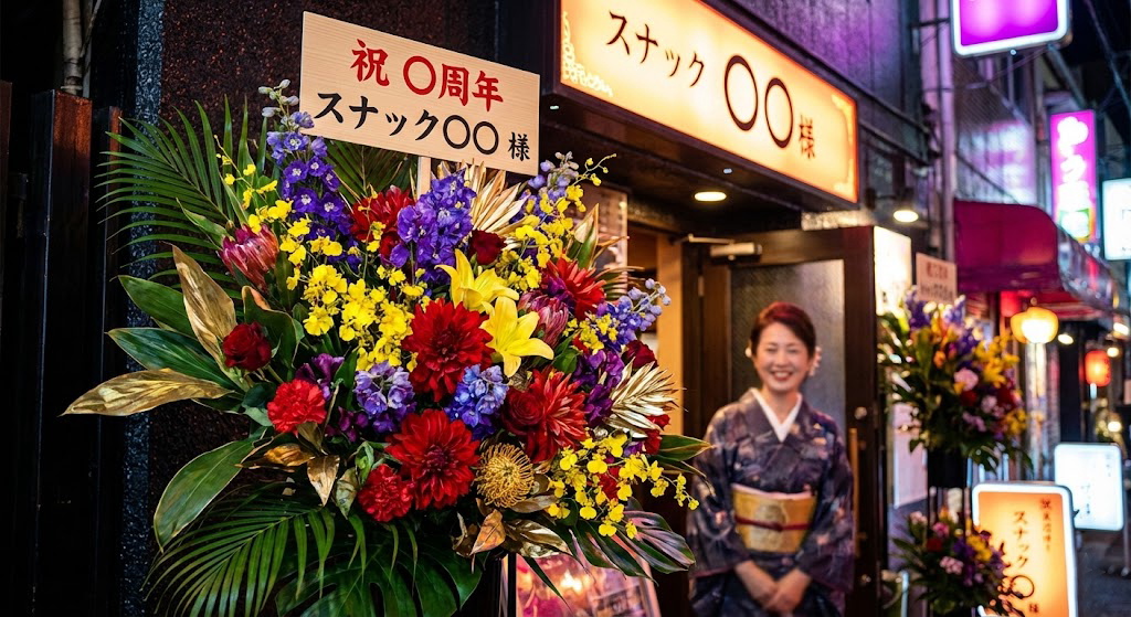 スナックの周年祝いに届いた、夜の繁華街でひときわ目立つ赤や黄色、紫の豪華なスタンド花。立て札には「祝 〇周年」とあり、着物姿のママが笑顔で立っている様子。