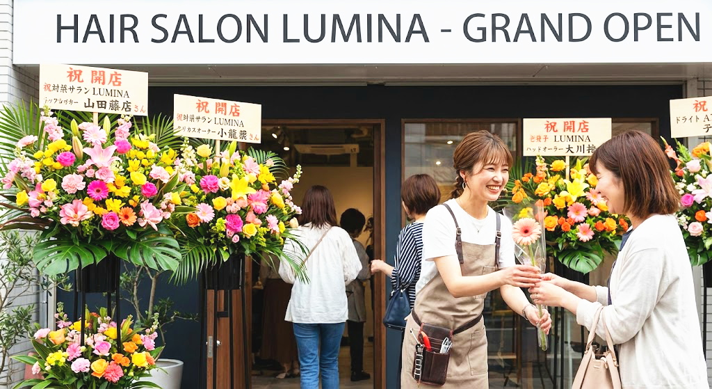ヘアサロンの開店祝いに届いた華やかなスタンド花の前で、笑顔の美容師がお客様に花を一輪手渡す「花配り（お裾分け）」をしている様子。