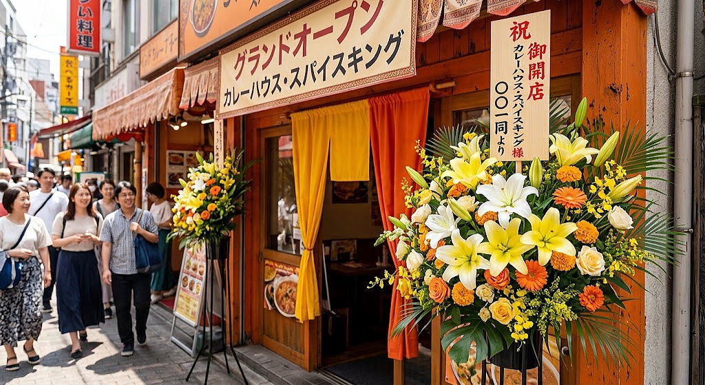 カレー屋の開店祝いに届いた、ユリをメインにした豪華なスタンド花。店頭を華やかに彩り、オープン初日の活気ある街角を演出している様子。