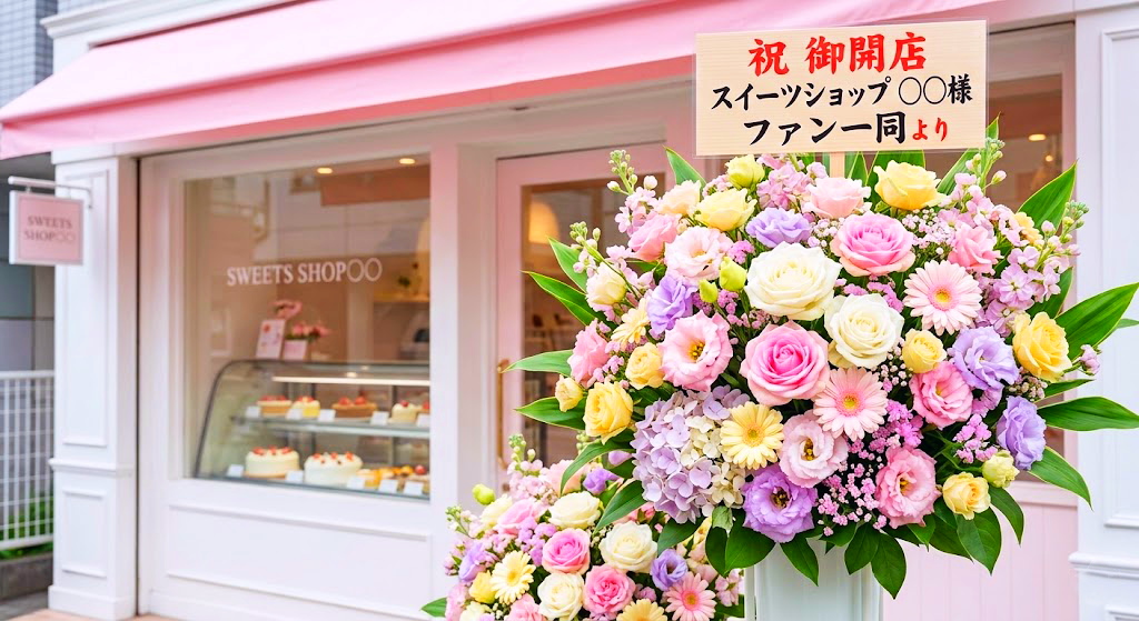 スイーツショップの開店祝いに贈られた、白とパステルカラーのバラやガーベラが豪華な2段スタンド花。木製の名札には「祝 御開店」「スイーツショップ ○○様」「ファン一同より」と書かれている。
