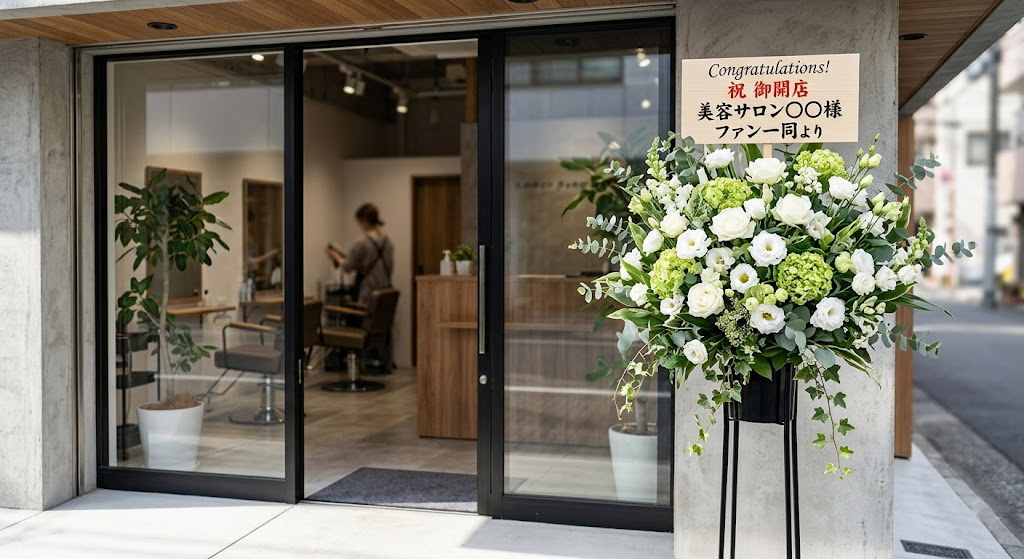 祝・御開店の札が付いた、白と緑のモダンでスタイリッシュなスタンド花が飾られた、おしゃれな美容サロンの店頭。