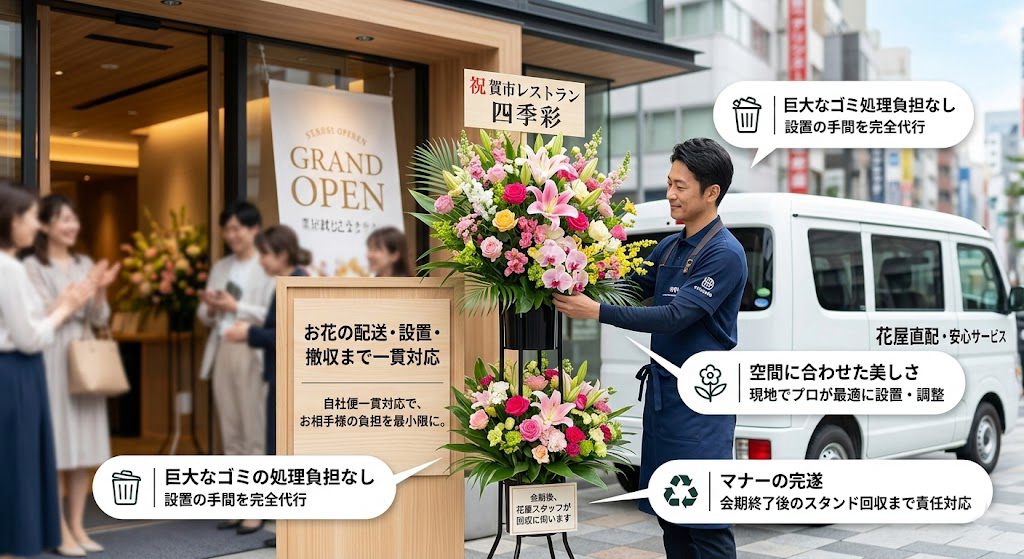 開店準備中のレストラン前で、白い軽バンの横から開店祝いのスタンド花を設置する花屋のスタッフ。
