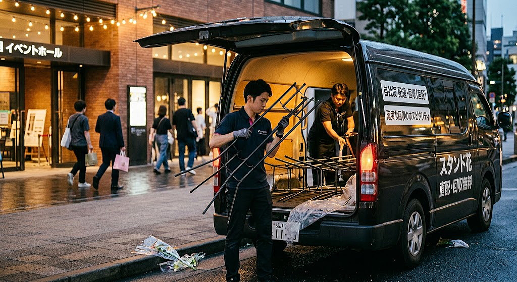 自社便によるスタンド花の回収風景。イベント終了後に専門スタッフが迅速に撤収作業を行い、受取人の負担を減らす無料回収ホスピタリティ。