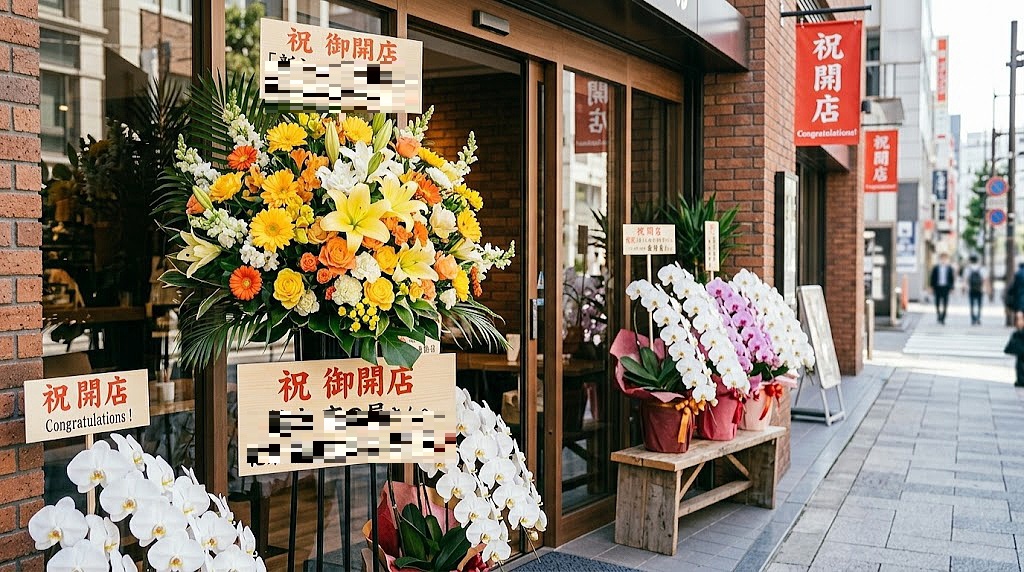 相場より安く豪華に贈れる開店祝いのスタンド花と高品質な胡蝶蘭。花業界歴30年の専門家が推奨する、見栄えとマナーを両立した祝花の設置事例。