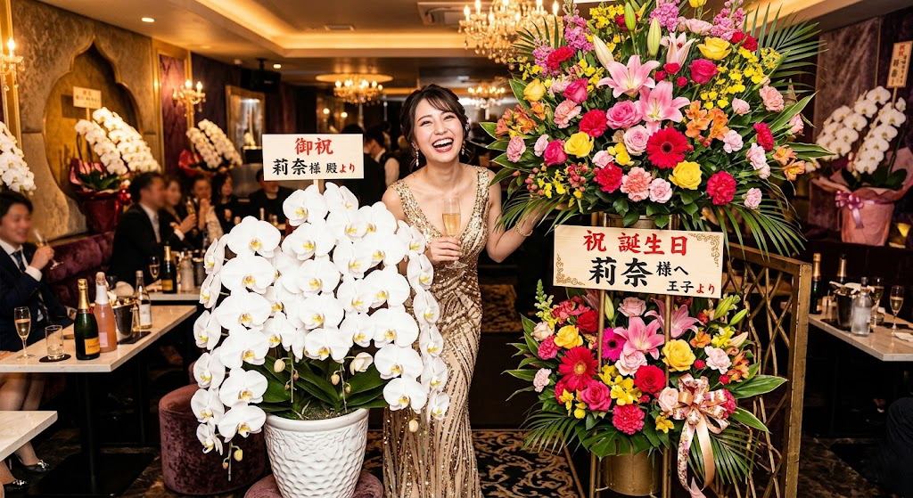 キャストの誕生日イベントに届いたスタンド花や胡蝶蘭と一緒に写真を撮って笑顔のキャバ嬢の画像