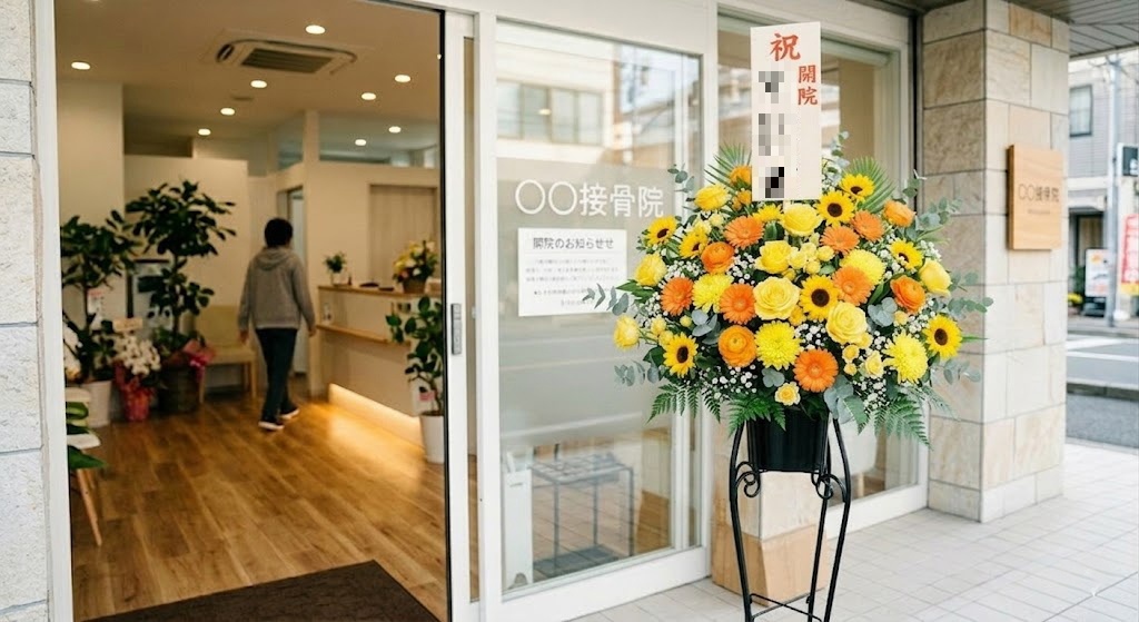 鮮やかなビタミンカラー（黄色・オレンジ）を基調とした、接骨院の開業祝いのスタンド花。入り口に飾られ、ひまわりやバラが華やかで、お祝いの立札が付いている。