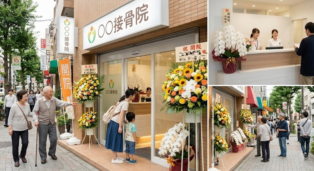 接骨院の開業祝いの様子を描いたマルチパネル画像。左の大きなパネルでは、地域の人々（高齢者、家族連れ）が入り口のひまわりや胡蝶蘭の豪華な祝い花を眺めながら通りを歩いている。