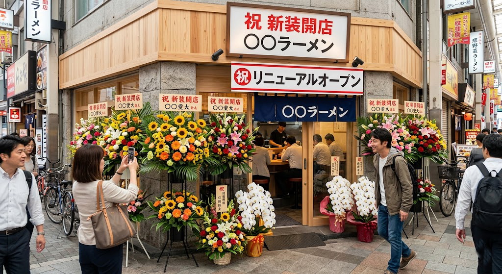 新装開店したラーメン店の店頭に並ぶ、色鮮やかなお祝いのスタンド花と胡蝶蘭。通行人が足を止めて注目しており、お花が新店をアピールする看板効果を発揮している様子。