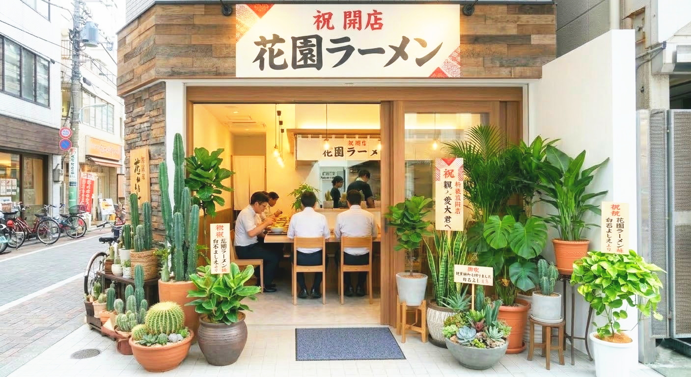 おしゃれでモダンなラーメン店の店頭に、開店祝いの華やかなスタンド花と多種多様な観葉植物が並んでいる様子。