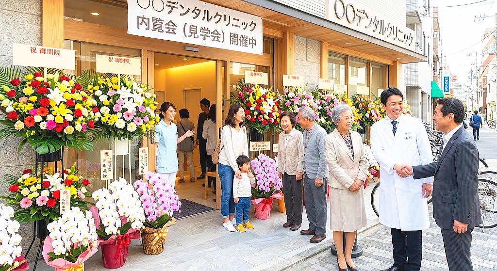 「新しくオープンした歯科医院の前で、開院を祝う豪華な花と笑顔の人物が、喜びと活気に満ちた瞬間を捉えている。入口には「祝 御開院」の看板や、色とりどりのスタンド花、胡蝶蘭が飾られている。