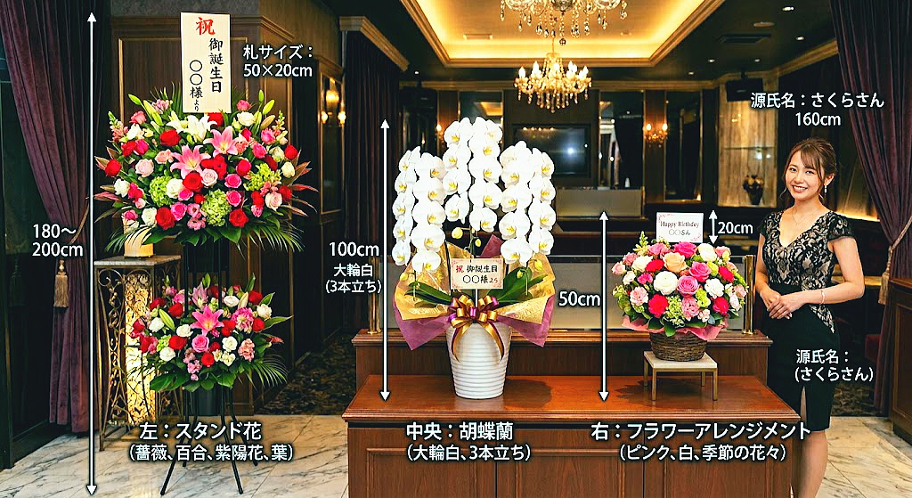 キャバ嬢の誕生日に選ばれる代表的なお花(スタンド花・胡蝶蘭・フラワーアレンジメント)のサイズ比較画像。身長160cmのキャストの女性と並べることで、各ギフトの高さやボリューム感の違いを視覚的にお伝えしています。