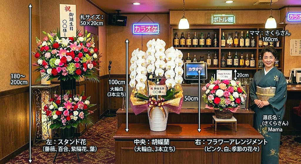 スナック店内で着物姿のママ(身長160cm)と並べた、誕生日祝い花のサイズ比較画像。左からスタンド花(180?200cm)、胡蝶蘭(100cm)、アレンジメント(50cm)の実際のボリューム感の違いを示しています。
