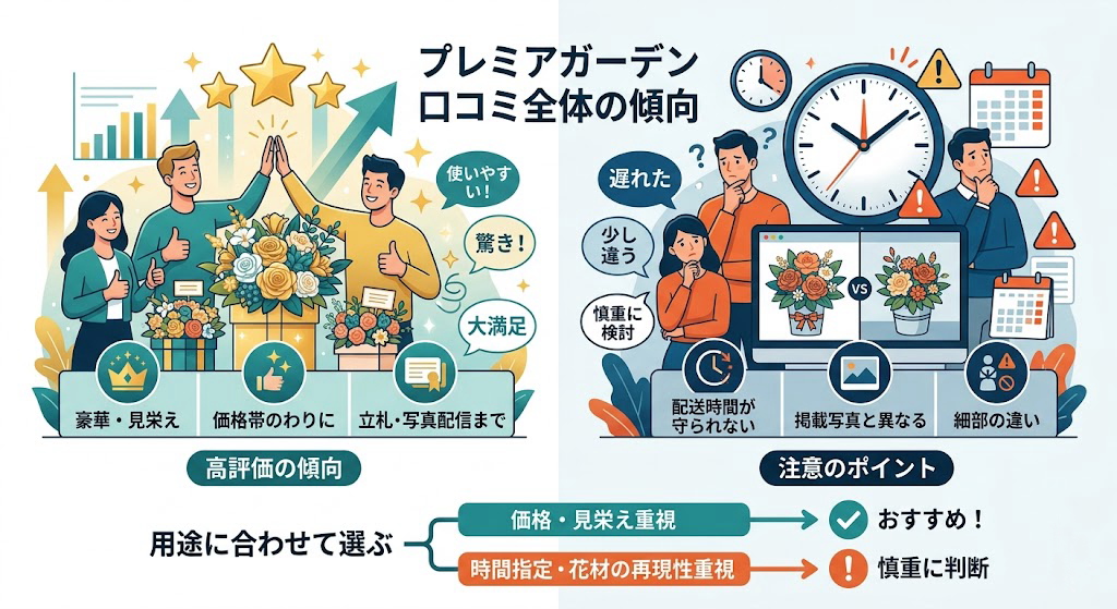 プレミアガーデンの口コミ全体傾向を図解。価格や見栄えの高評価と、配送時間や写真との違いに関する注意点の比較